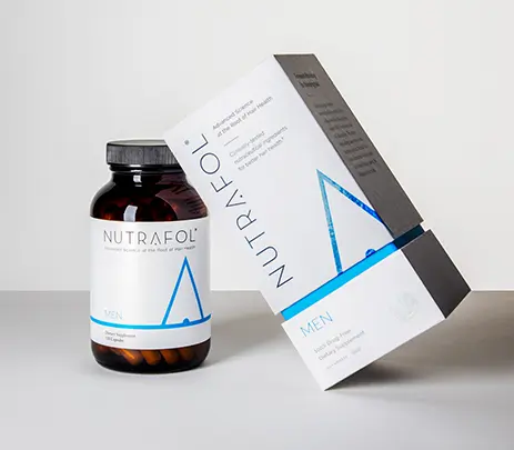 Nutrafol product for men. Pills in a bottle.