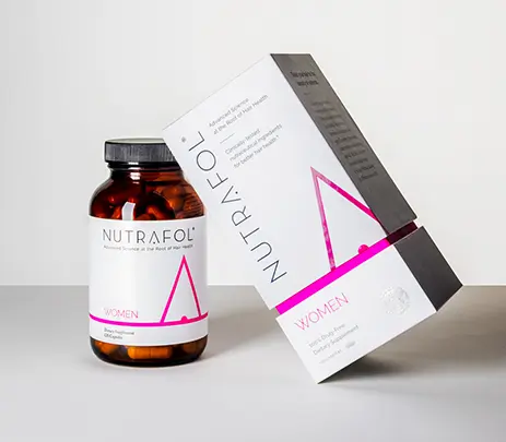 Nutrafol product for women. Pills in a bottle.